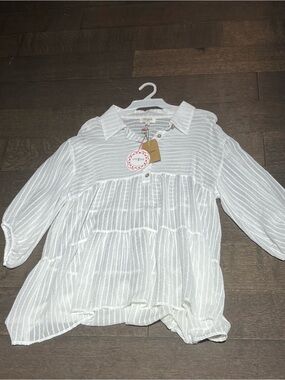 Umgee White Striped Tiered Button-Front Girls Top